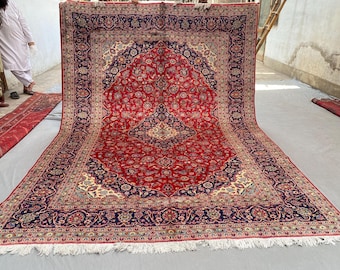 Antique Floral Medallion Rug 11.2x8 ft Hand-Knotted Wool Red Navy Blue Ivory Large Palace Size Oriental Traditional Area Carpet Classic