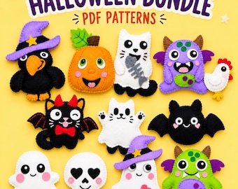 Puede incluir: Una colección de adornos de fieltro con temática de Halloween que incluye un cuervo con sombrero morado, una calabaza, un gato con una espina de pescado, un monstruo morado, un pollo, un gato negro con cuernos rojos, un fantasma, un murciélago, una calavera y un monstruo verde.