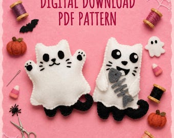 Puede incluir: Un patrón PDF de descarga digital con dos gatos fantasma de fieltro blanco sobre un fondo rosa. Un gato tiene patas y cola negras, mientras que el otro sostiene una espina de pescado gris. Rodeado de artículos de costura y calabazas.