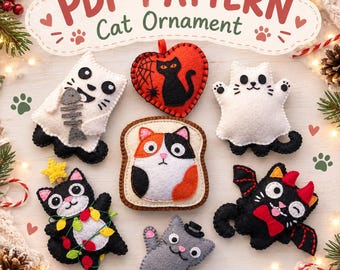 Puede incluir: Una colección de siete adornos de fieltro con forma de gato que incluyen un gato fantasma con espina de pescado, un gato en forma de corazón, un gato calicó sobre una tostada, un gato con luces navideñas, un gato murciélago y un gato gris con sombrero de copa. Texto: PDF PATTERN Cat Ornament.