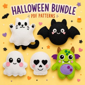 May include: A Halloween Bundle PDF Patterns collection featuring five felt plushies: a white cat ghost, a black bat, a white ghost, a white skull with heart eyes, and a green monster with purple accents. The text reads HALLOWEEN BUNDLE PDF PATTERNS.
