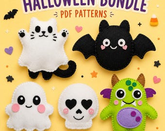 Puede incluir: Una colección de patrones PDF Halloween Bundle con cinco peluches de fieltro: un gato fantasma blanco, un murciélago negro, un fantasma blanco, una calavera blanca con ojos de corazón y un monstruo verde con detalles morados. El texto dice HALLOWEEN BUNDLE PDF PATTERNS.