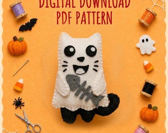 Puede incluir: Un patrón PDF de descarga digital con un gato fantasma de fieltro blanco que sostiene una espina de pescado gris. Rodeado de suministros de costura, carretes de hilo, una aguja, tijeras y pequeños iconos de Halloween de fieltro.
