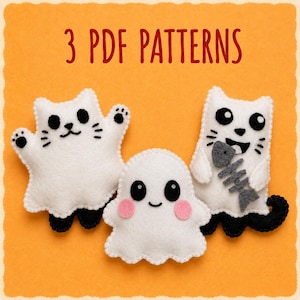 Puede incluir: Tres peluches de fieltro que incluyen dos gatos blancos y un fantasma blanco con mejillas rosadas. El texto 3 PDF PATTERNS aparece en la parte superior. Un gato tiene patas y bigotes negros, mientras el otro sostiene una espina de pescado gris.