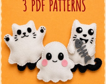 Puede incluir: Tres peluches de fieltro que incluyen dos gatos blancos y un fantasma blanco con mejillas rosadas. El texto 3 PDF PATTERNS aparece en la parte superior. Un gato tiene patas y bigotes negros, mientras el otro sostiene una espina de pescado gris.