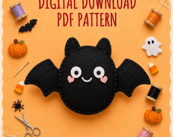 Puede incluir: Un murciélago de fieltro negro con ojos blancos y mejillas de corazón rosa, rodeado de suministros de costura, carretes de hilo, aguja, tijeras, araña, calabazas y un fantasma sobre un fondo naranja con el texto DIGITAL DOWNLOAD PDF PATTERN.