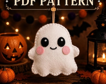 Patrón en PDF para adorno de fantasma de fieltro, tutorial de costura de fieltro para Halloween para principiantes