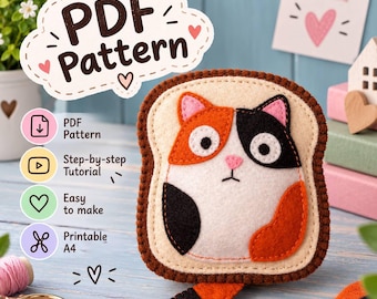 Puede incluir: Un proyecto de manualidades en fieltro que muestra un gato calicó con forma de rebanada de pan con manchas naranjas, negras y blancas, ojos grandes y redondos y una pequeña nariz rosa. El texto PDF Pattern aparece con iconos de tutorial.