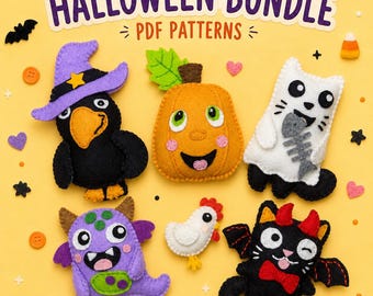 Bundel naaipatronen van vilt voor Halloween, 5 personages (PDF)
