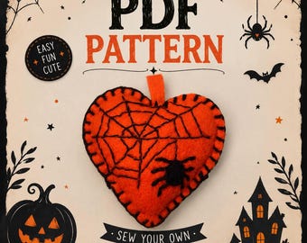 Puede incluir: Un patrón PDF digital para un adorno de corazón de fieltro. El diseño presenta un corazón naranja con telarañas negras bordadas y una araña negra. El texto incluye PDF PATTERN, EASY FUN CUTE y SEW YOUR OWN HALLOWEEN HEART, con ilustraciones de calabaza, araña, murciélago y casa.