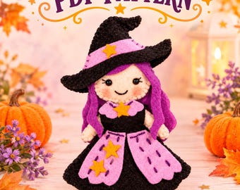 Puede incluir: Una muñeca bruja de fieltro con cabello morado, un sombrero puntiagudo negro con una estrella amarilla y un vestido negro con un delantal morado claro adornado con estrellas amarillas. El texto PDF PATTERN aparece arriba.