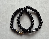 2in1 Black Beaded Bracelet Set for Couples | Gold Silver Accents, Matching Style