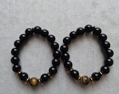 2in1 Black Tiger Eye Beaded Bracelet, Gold Tone Spacers, Unisex Stretch Jewelry