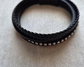 Men’s Black Leather Bracelet | Braided Leather Wristband with Metal Stud Accents | Gift for Him