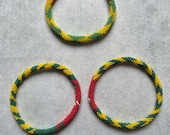Handmade African Beaded Bracelet | Red Green Yellow Spiral Seed Bead Stretch Jewelry
