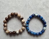 Set of 2 Natural Stone Stretch Bracelets, Brown & Blue Beaded, Boho Gemstone Jewelry