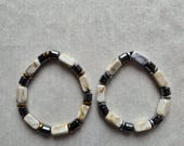2in1 Cream Black Beaded Bracelet, Natural Shell Look, Stretch Unisex Jewelry