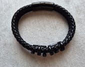 Men’s Black Braided Leather Bracelet – Black Metal Accent Wristband, Gift for Him
