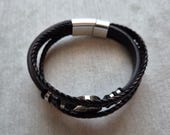 Men's Double Layer Braided Leather Bracelet | Black Brown Stainless Steel Clasp