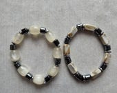 2in1 Cream Shell Black Beaded Bracelet Set, Neutral Boho Coastal Stretch Jewelry
