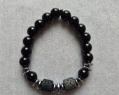 Black Beaded Bracelet with Lava Stone & Silver Spacers, Stretch Bracelet, Minimalist Jewelry Gift