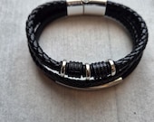 Men's Braided Leather Bracelet | Black Multi Strand Wristband | Layered Jewelry | Gift for Him