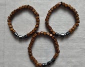 3in1 Handmade Wooden Bead Bracelet | Natural Wood, Black Hematite Accents, Unisex Stackable Jewelry