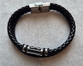 Men’s Black Braided Leather Bracelet, Stainless Steel Clasp, Minimalist Leather Wristband, Gift for Him