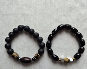 2in1 Black Beaded Stretch Bracelet, Gold & Silver Accents, Unisex Jewelry
