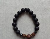 Black Brown Beaded Stretch Bracelet, Minimalist Boho Unisex Jewelry