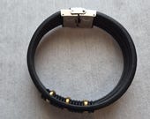 Men's Black Leather Bracelet with Gold Accents | Slim Minimalist Wristband