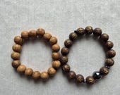 2in1 Matching Beaded Natural Wood & Brown Bead Bracelets, Boho Gift, Unisex