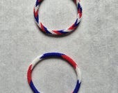 Handmade Seed Bead Bracelet | Red White Blue Spiral Bangle | Stackable Patriotic Jewelry