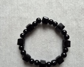 Black Beaded Bracelet, Faceted Cube Stone, Minimalist Gemstone Jewelry