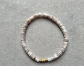 Natural Shell Bead Bracelet, White & Blush Shell, Minimalist, Gold Accent, Boho Beach Jewelry