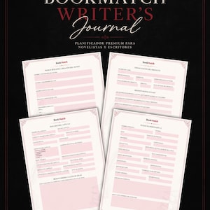May include: A black cover with the white and red text THE BOOKMATCH WRITER'S Journal and PLANIFICADOR PREMIUM PARA NOVELISTAS Y ESCRITORES. Four white pages with pink sections and black text display forms for world-building and character profiles.