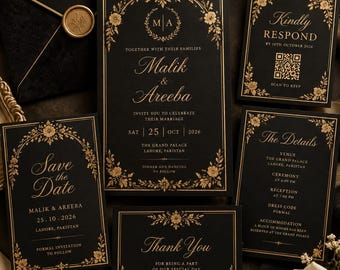 Luxuriöses Hochzeitseinladungs-Set im Stil der alten Schule in Schwarz und Gold, bearbeitbare Canva-Vorlage (digitaler Download)