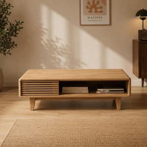 Puede incluir: Una mesa de centro rectangular de madera clara con una puerta corredera de listones en el lado izquierdo y un estante de almacenamiento abierto a la derecha. La mesa se apoya en cuatro patas cortas y cónicas y contiene dos libros en el estante.