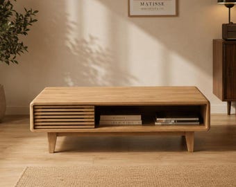 Mid Century Modern Wood Coffee Table – Minimalist Living Room Furniture, Storage Compartment