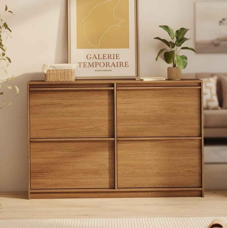 Large Walnut Wood Shoe Cabinet – Modern Entryway Organizer ...