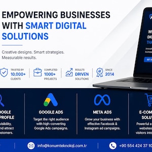 May include: A digital marketing banner for Location Technology featuring a laptop displaying a website with a city skyline. Text includes Empowering Businesses With Smart Digital Solutions, Web Design, SEO, Google Ads, Meta Ads, and E-commerce.