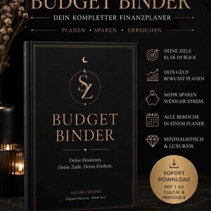 Könnte beinhalten: Ein schwarzer Budget-Planer mit goldenem Text: Sazora Studio Budget Binder, Deine Finanzen, Deine Ziele, Deine Freiheit und Elegant Planning - Rebel Soul. Das Cover zeigt ein Logo mit einer Mondsichel und den Buchstaben SZ.