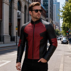 Handgjord Deadpool-inspirerad lädermotorcykeljacka för män Cosplay-dräkt