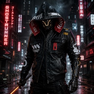 May include: A black hooded jacket featuring a red inner lining, white geometric patterns, and red rectangular accents. The jacket includes a front zipper, chest pockets, and long sleeves with white graphics. A robotic mask with glowing yellow lines is visible.
