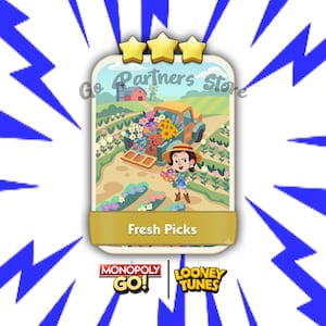 May include: A rectangular game card featuring a cartoon character in a straw hat holding a bouquet of flowers in a field with a truck. The card displays three yellow stars at the top, the text Go Partners Store, and the label Fresh Picks at the bottom.