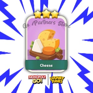 May include: A digital game card featuring a wooden board with various types of cheese, including a large yellow wheel with holes, a white wedge, and an orange round. The card displays three gold stars, the text Go Partners Store, Cheese, Monopoly Go!, and Looney Tunes.