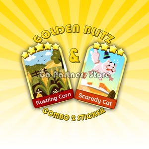 May include: A digital graphic featuring two rectangular game cards labeled Rustling Corn and Scaredy Cat, each topped with five yellow stars. The text Golden Blitz, Go Partners Store, and Combo 2 Sticker appears against a yellow sunburst background.