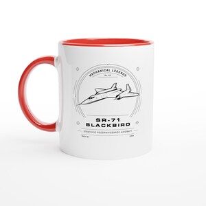 May include: A white ceramic mug with a bright red handle and interior. The front features a black line drawing of an SR-71 Blackbird aircraft, with the text Mechanical Legends, SR-71 Blackbird, Strategic Reconnaissance Aircraft, Mach 3+, and 1964.
