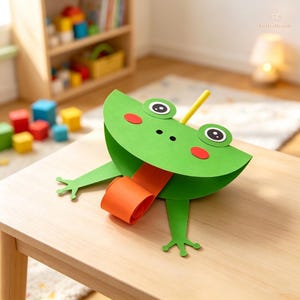 May include: A green paper craft frog with large white and black eyes, red circular cheeks, and a long orange curled tongue. The frog features a yellow stick protruding from the top and two green paper legs extending from the sides of the body.