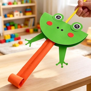 Könnte beinhalten: Ein grünes Frosch-Bastelobjekt aus Papier mit einer langen orangefarbenen Zunge, die als Tröte fungiert. Der Frosch hat große weiß-schwarze Augen, rote runde Wangen und zwei grüne Arme an den Seiten. Ein gelber Stab ist oben befestigt.